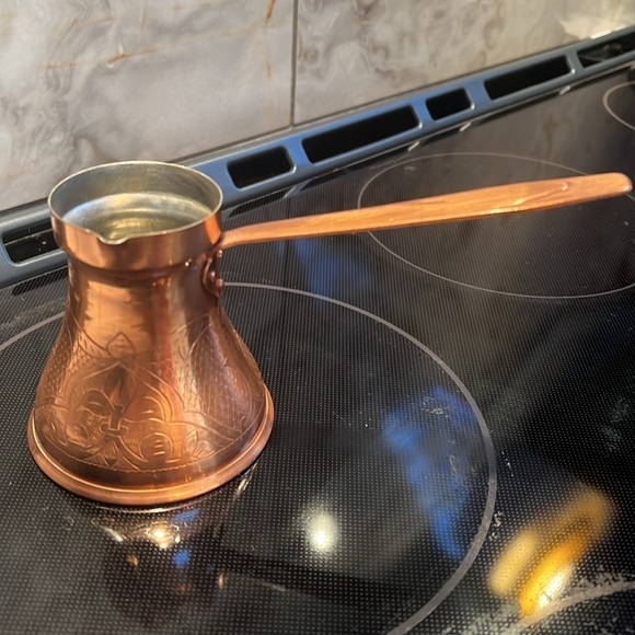 Etched Copper Turkish Coffee Pot Milk Warmer with Long Handle - Picture 1 of 7